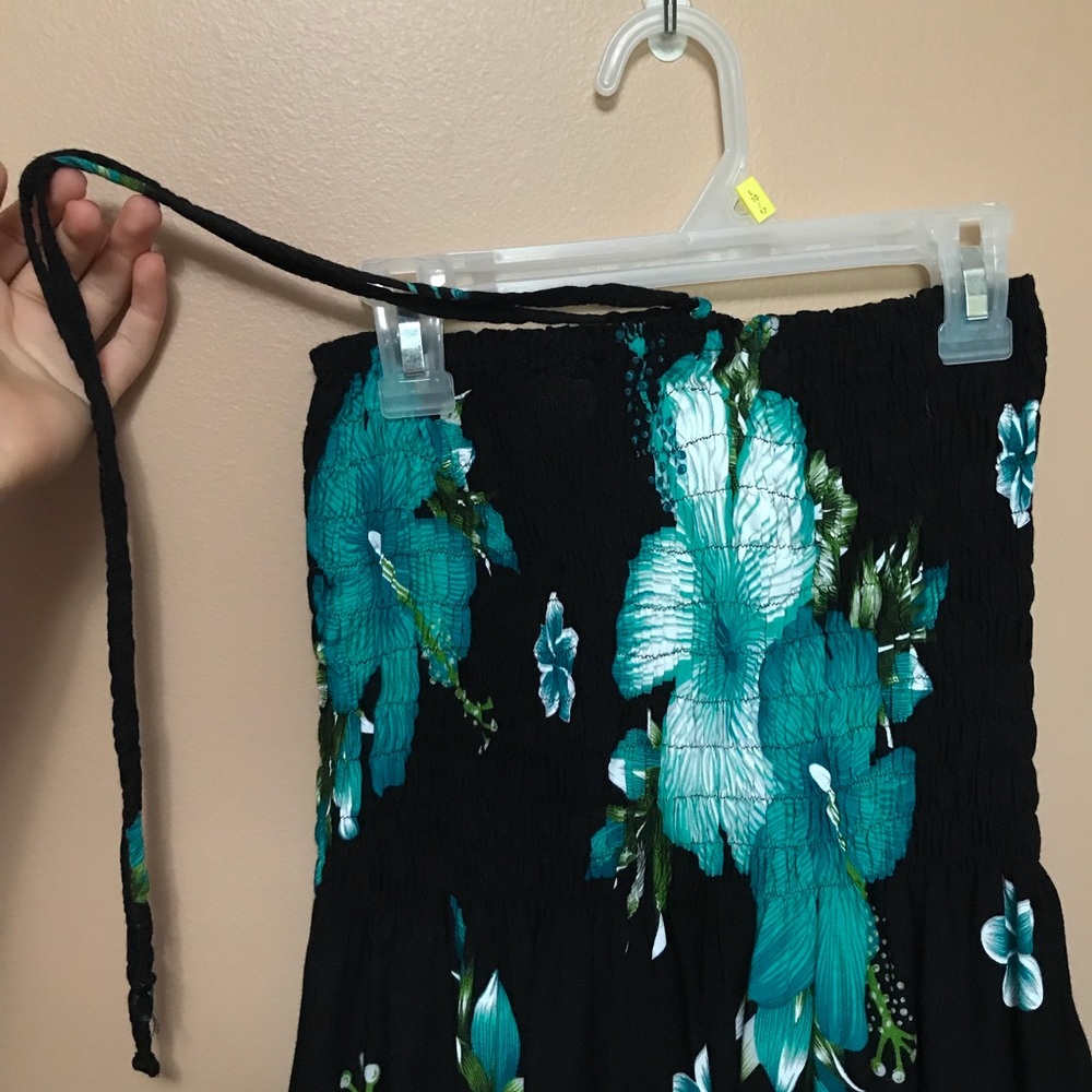 black and teal hawaiian print halter dress